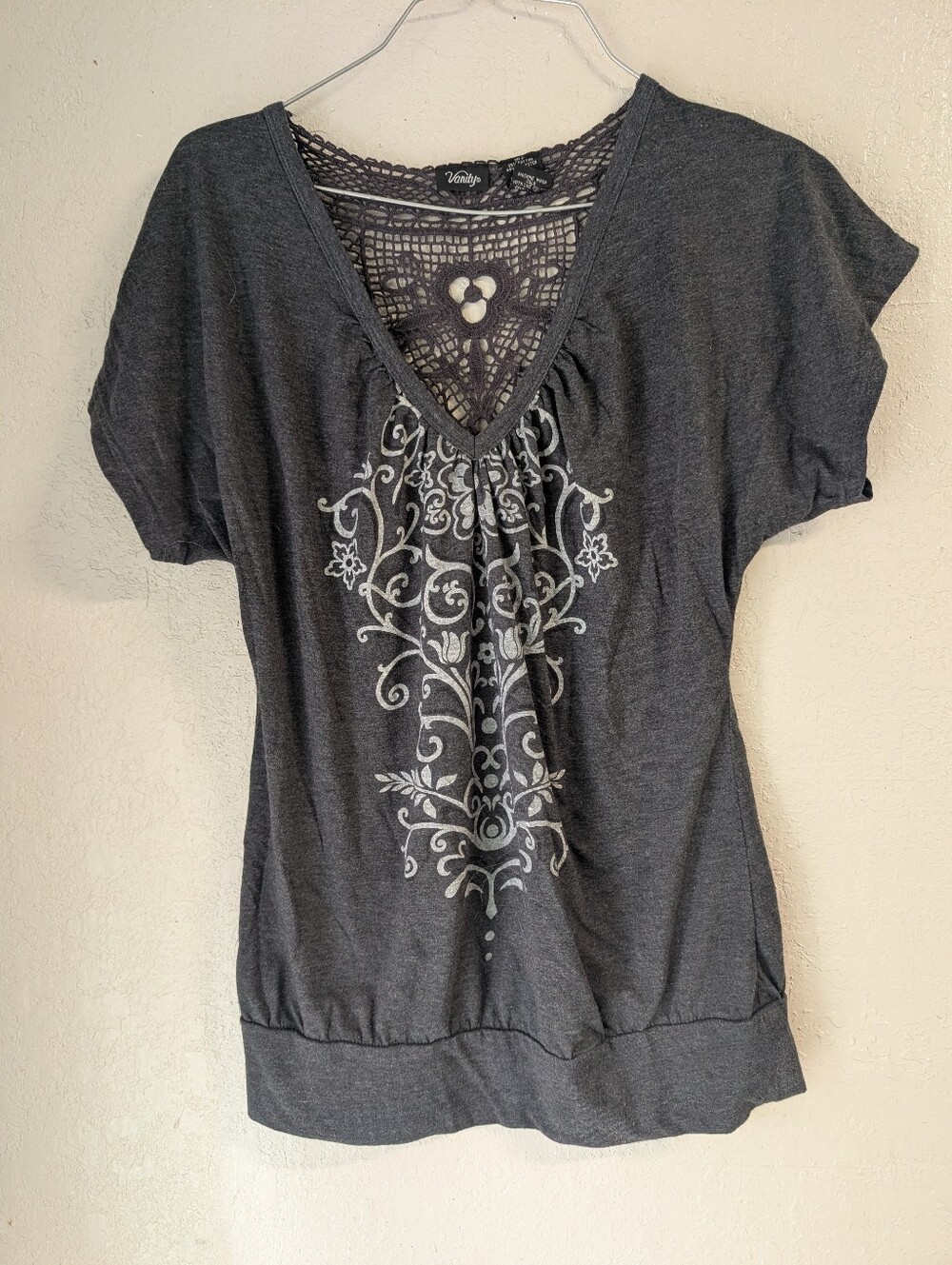 Y2K Vanity Top L Charcoal Lace-Back V-Neck GrunGe Goth Whimsigoth Rave 2000s